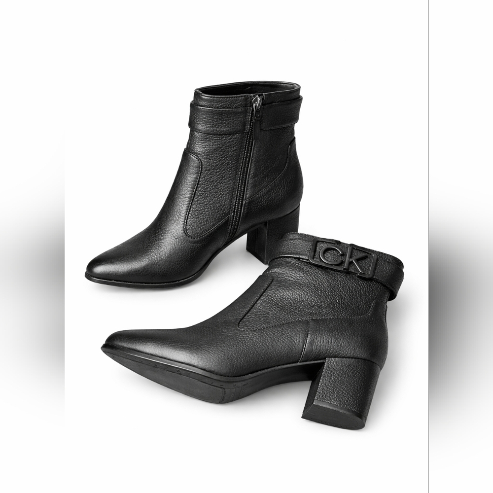 Calvin Klein Black Leather Ankle Boots – Block Heel – Zip Closure Women's 7.5
